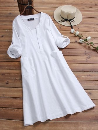 Women Vintage Solid Color V-Neck Shirt Dress with Pockets