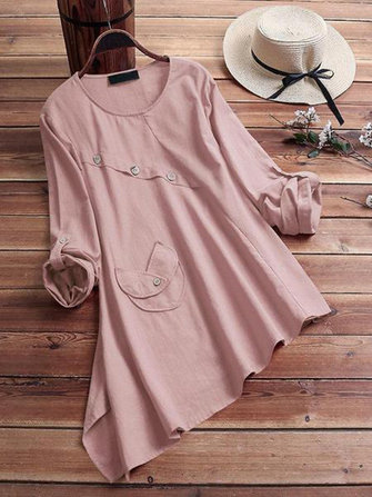 女性純色非対称裾コットンブラウス