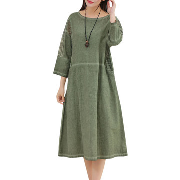 Casual Kobiety Pure Color Hollow Out Łączenie Vintage Maxi Dress