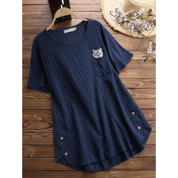 Mujer Casual Gato bordado ahuecar hacia fuera la camiseta de manga corta