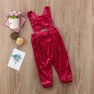 Girls Children Solid Color Back Cross Jumpsuit for 2Y-7Y