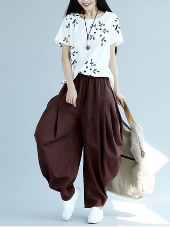 Folk Style Women Pure Color Elastic Waist Irregular Baggy Harem Cal&ccedil;as