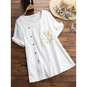 المرأة جولة الرقبة مطرزة زر بأكمام قصيرة تي شيرت