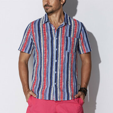 Men Colorful Stripe Single Pocket Beach Shirts