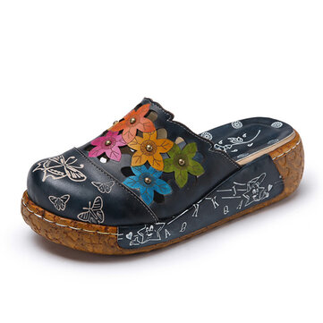SOCOFY Original Flower Wedge Retro Vera Pelle Scarpe 