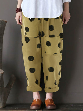 Frauen Baumwolle Polka Dot elastische Taillenhose mit Taschen