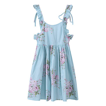Kid Girls Cotton Vintage Floral Printed Sleeveless Backless Princess Dress