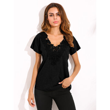 Plus Talla S-5XL Mujer Top de ganchillo sexy V Cuello Camiseta