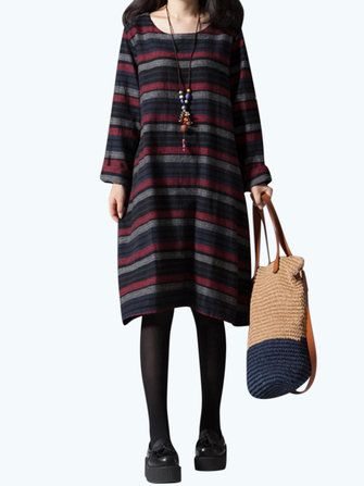 Casual Women Long Sleeve Striped O-Neck Losse Jurk Met Zak