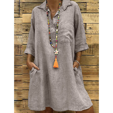 Women Solid Color Turn Down Collar Half Sleeve Dress