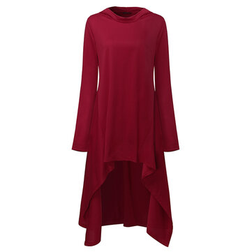Casual Women Hooded Long Sleeve Pure Color Irregular Hem Mini Dress