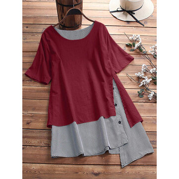 S-5XL Blusa Irregular Patchwork de Manga Curta