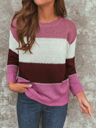 Suéteres casuales de manga larga con cuello en color y rayas a rayas para mujer