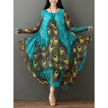 M-5XL Vintage Mulheres Pavão Penas Imprimir Vestido