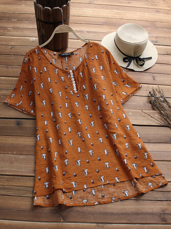 Kadın Asimetrik Düz Kısa Kollu Kedi Baskı T-shirt