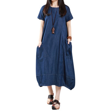 Casual Women Loose Denim Pockets Lantern Maxi Dress