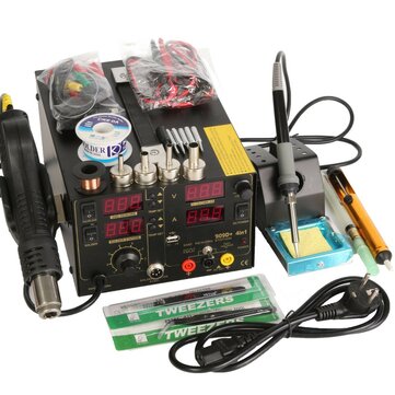 Saike 220V 909D+ Rework Soldering Station + Hot Air Nozzle + DC Power Supply 3 in 1 Multi-function Set with full Accessories
