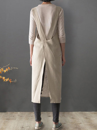 Japanese Cross Back Pocket Solid Cotton Apron Dress