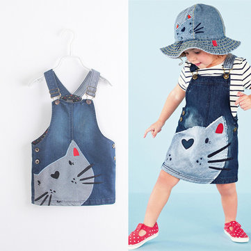 Menina bonito gato impresso denim correias suspender vestido