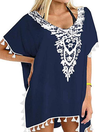 Femmes au crochet en mousseline de soie pompons Beach Cover Ups