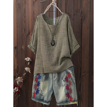 Plus Tamanho Vintage em torno do pesco&ccedil;o manga 3/4 Blusa Mulheres