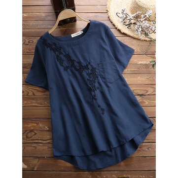 Damen Casual Bestickte Rundhalsausschnitt Kurzarm T-Shirts