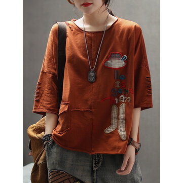 Frauen-beiläufige Karikatur-Stickerei-halbe Hülsen-T-Shirts