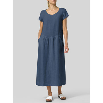 Retro Kadın Düz Renk Kısa Kollu Mürettebat Boyun Elbise