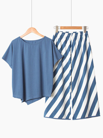 Conjunto de pijama suelto de manga corta de algodón O Cuello Stripe Pantalones