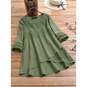 Patchwork Encaje Tripulación Irregular Cuello Plus Tamaño Blusa