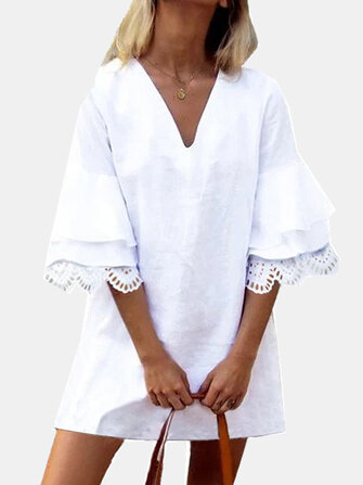 Сплошной цвет кружева рюшами с коротким рукавом V-образным вырезом повседневная Платье