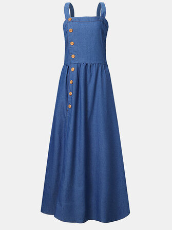 Color sólido Correas Botón Sin mangas Denim Maxi Vestido