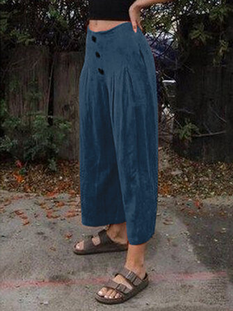 واسعة الساق المرأة عارضة فضفاض نقي اللون سروال جيوب جانبية