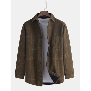 Mens Plaid Casual Cotton Thick Turn Down Collar Jacket