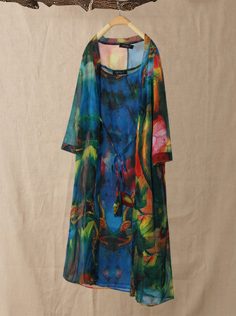 Women Floral Two Pieces Set Straps 3/4 Sleeve Vintage Dress