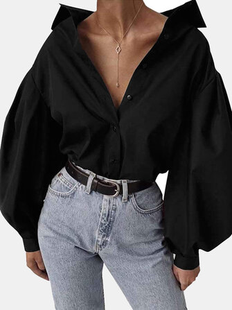Chic Lantern Sleeve Solid Color Causal Blouse Shirts