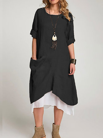 Women Round Neck Long Sleeve Cotton Baggy Midi Dress