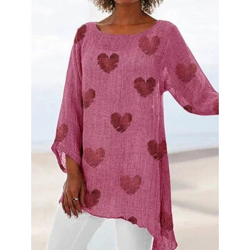 Women Casual Crew Neck Irregular Hem Print Blouse