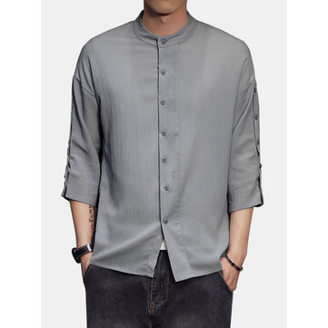 Camisas para hombre vendimia de manga larga de color liso con cuello vuelto