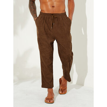 Homens Corduroy Drawstring Solid Color Vintage Calças