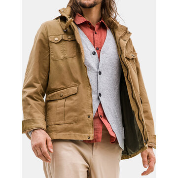 Casual Work Multi Pockets Washed Cotton Hood Military Jacket
