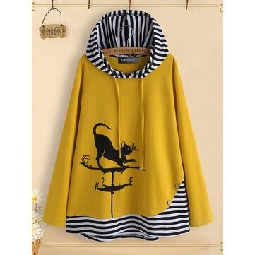 Мультфильм Кот в полоску с длинным рукавом и пэчворком Толстовка с капюшоном