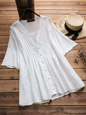 Dames Vintage geborduurde holle effen kleur blouse