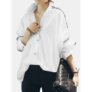 Nedensel Gevşek Kırk Yama Uzun Kollu Düz Bluz