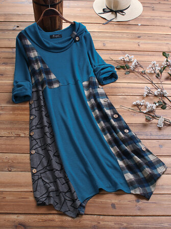 Botón Imprimir Cuadros Patchwork Asimétrico Plus Tamaño Blusa