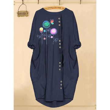 Flower Print Crew Neck Button Irregular Hem Casual Dress