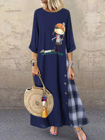 Kadın Karikatür Ekose Patchwork Yüksek Düşük Hem Casual Elbise