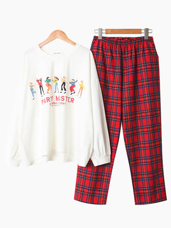 O Cuello Conjunto de pijama informal de manga larga estampado de algodón