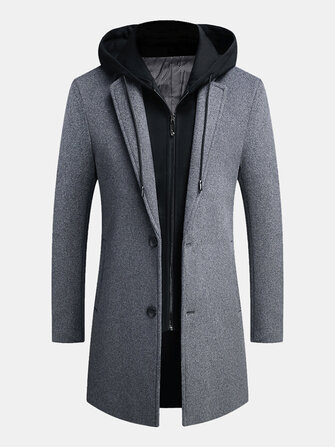 Men's Korean Casual Wool Woolen Coat Long Detachable Hat Tre