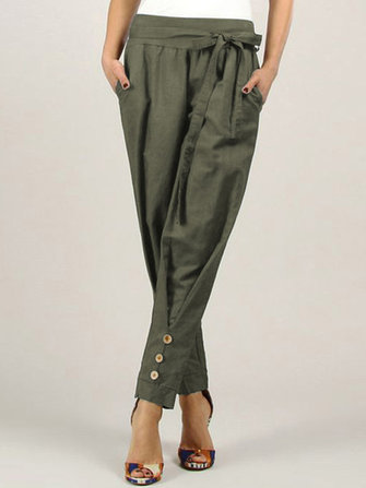 Women Casual Button Solid Pocket Pants
